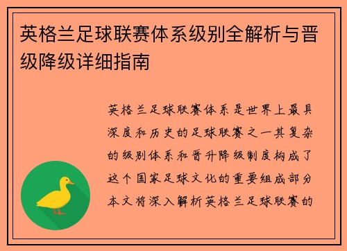 英格兰足球联赛体系级别全解析与晋级降级详细指南